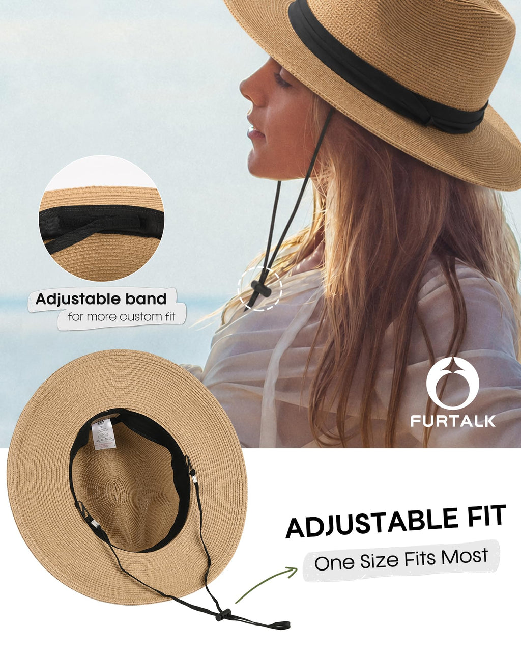 FURTALK Womens Mens Wide Brim Straw Panama Hat Fedora Summer Beach Sun Hat | Breathable Paper Straw, Classic Ribbon Trim, UPF Protection, Adjustable Band Inside, Chin Strap for Gusty Winds