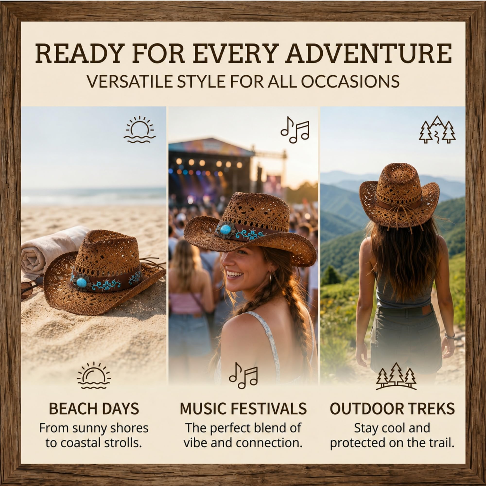 WOOH Cowboy Hats for Women and Men, Straw Cowgirl Hat with Wide Brim, Shapeable Brim and Adjustable Chin Strap for Rodeo