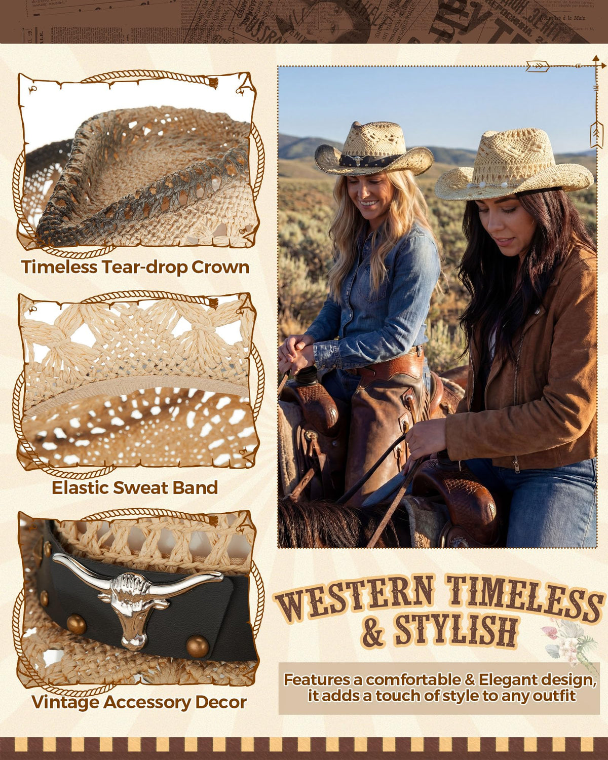 4 Pcs Women Straw Cowboy Hat Set with Shapeable Brim & Western Concho Belts Boho Beach Cowgirl Hat Accessories