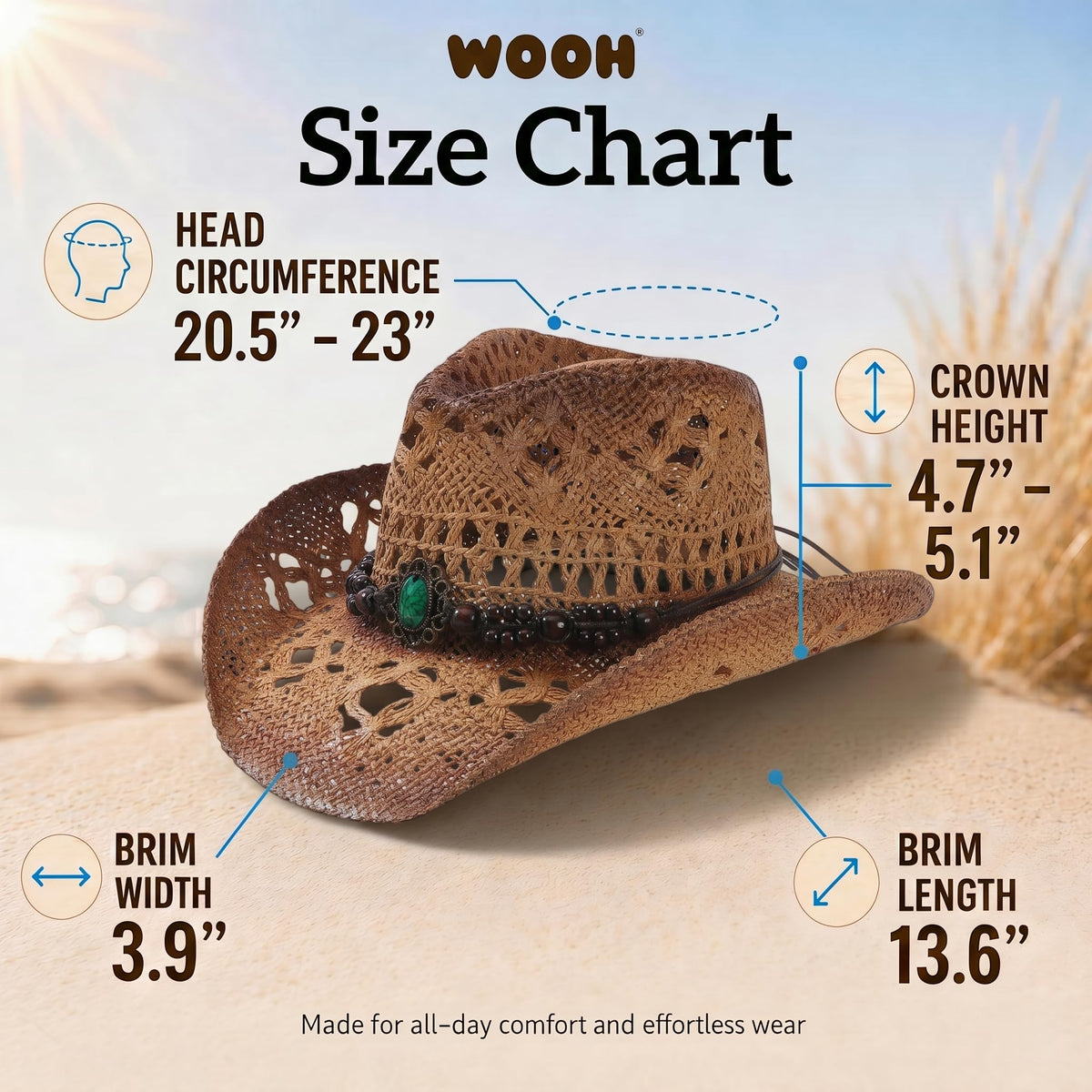WOOH Cowboy Hats for Women and Men, Straw Cowgirl Hat with Wide Brim, Shapeable Brim and Adjustable Chin Strap for Rodeo