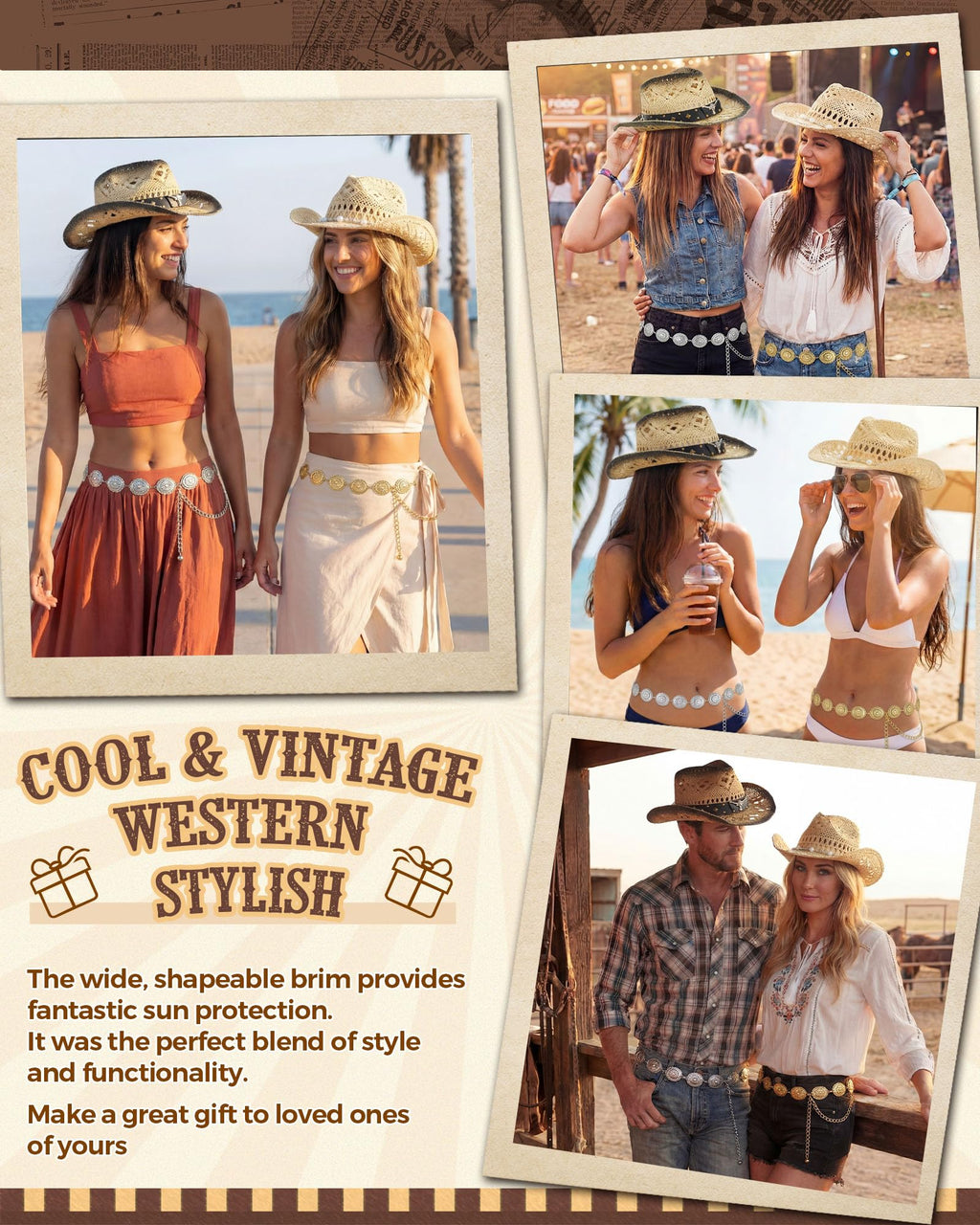 4 Pcs Women Straw Cowboy Hat Set with Shapeable Brim & Western Concho Belts Boho Beach Cowgirl Hat Accessories