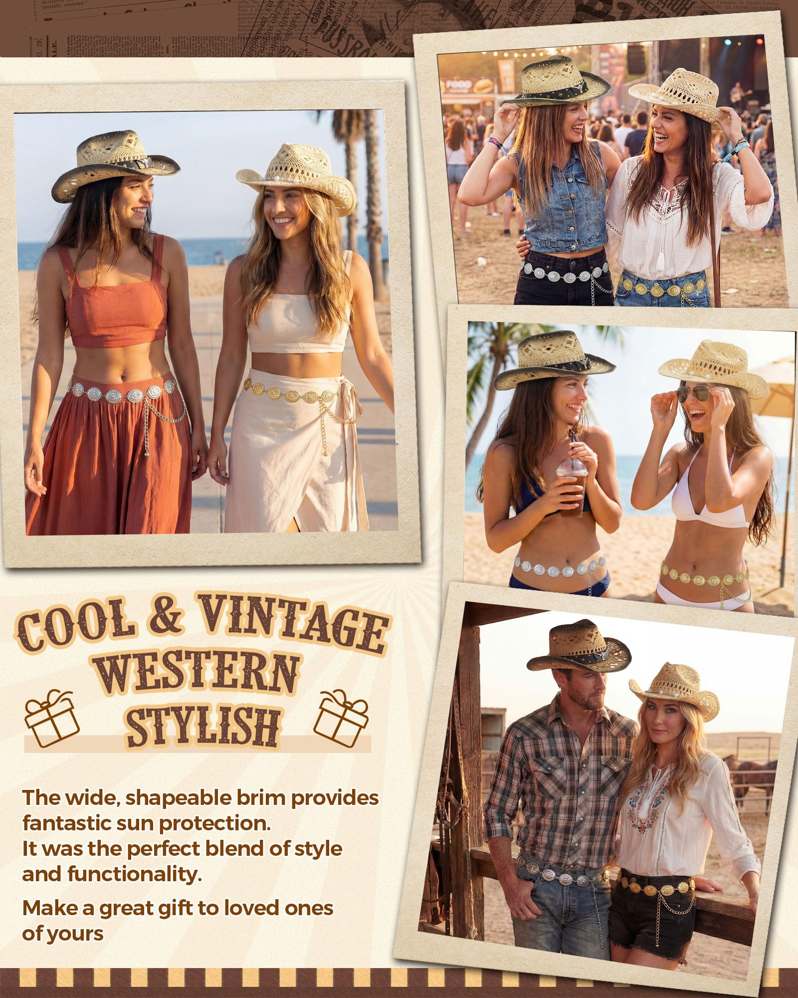 4 Pcs Women Straw Cowboy Hat Set with Shapeable Brim & Western Concho Belts Boho Beach Cowgirl Hat Accessories