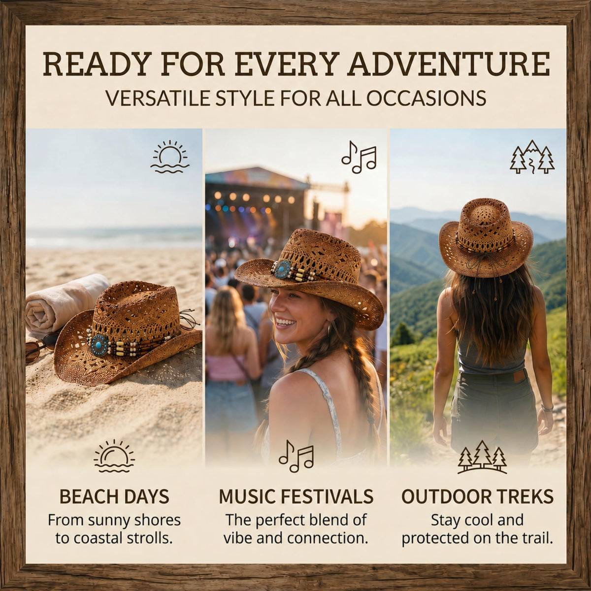 WOOH Cowboy Hats for Women and Men, Straw Cowgirl Hat with Wide Brim, Shapeable Brim and Adjustable Chin Strap for Rodeo