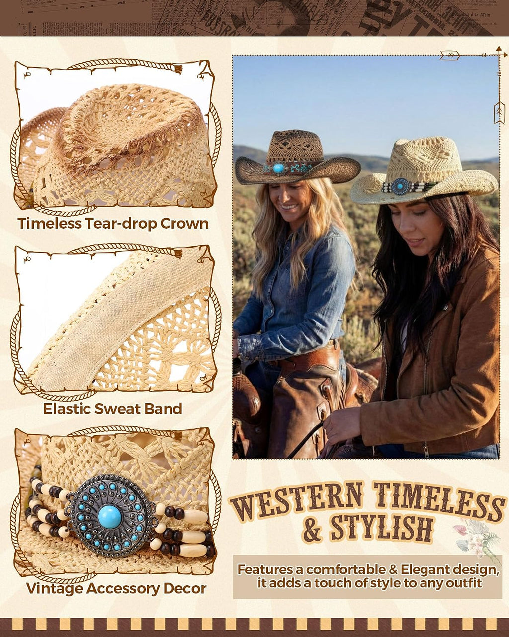 4 Pcs Women Straw Cowboy Hat Set with Shapeable Brim & Western Concho Belts Boho Beach Cowgirl Hat Accessories