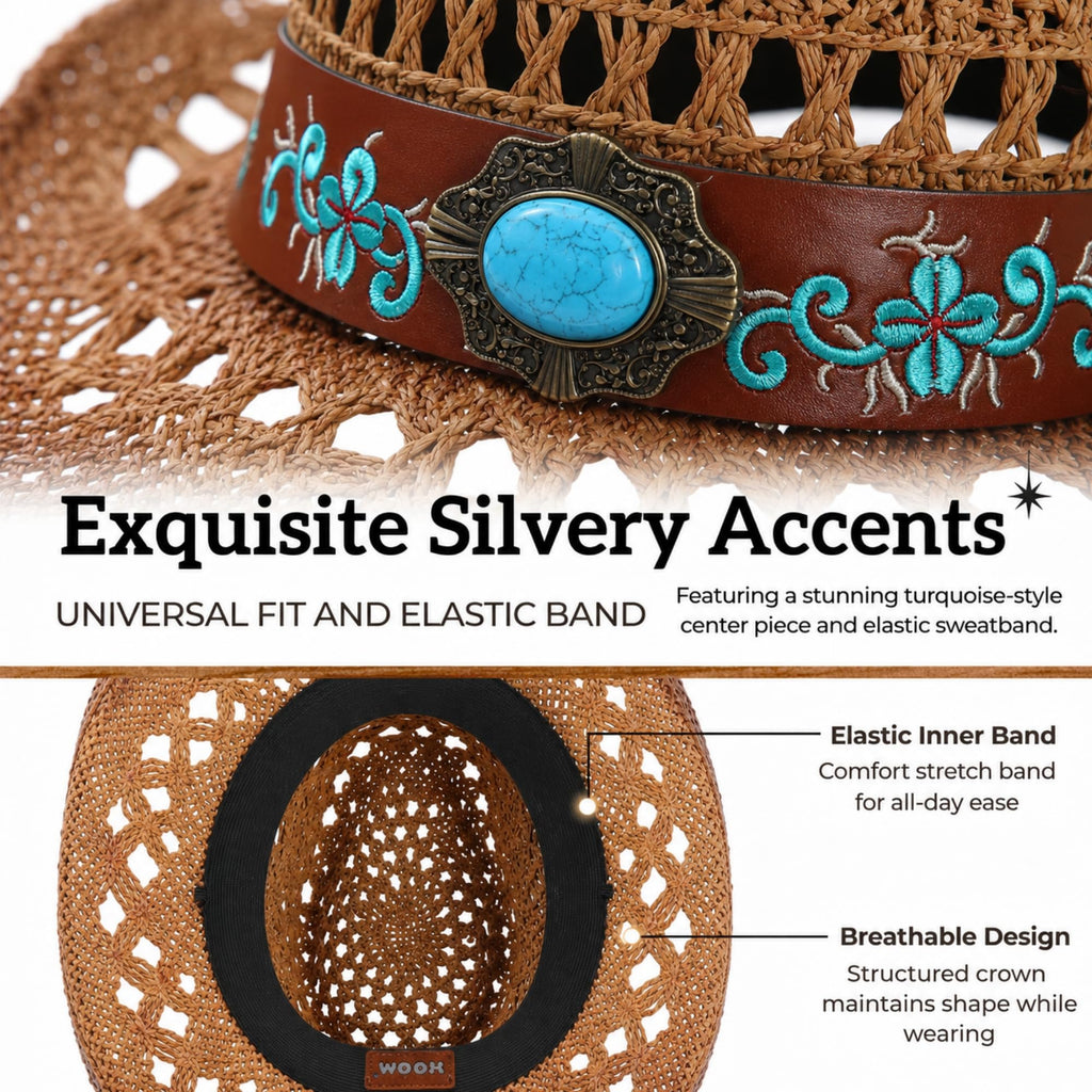 WOOH Cowboy Hats for Women and Men, Straw Cowgirl Hat with Wide Brim, Shapeable Brim and Adjustable Chin Strap for Rodeo