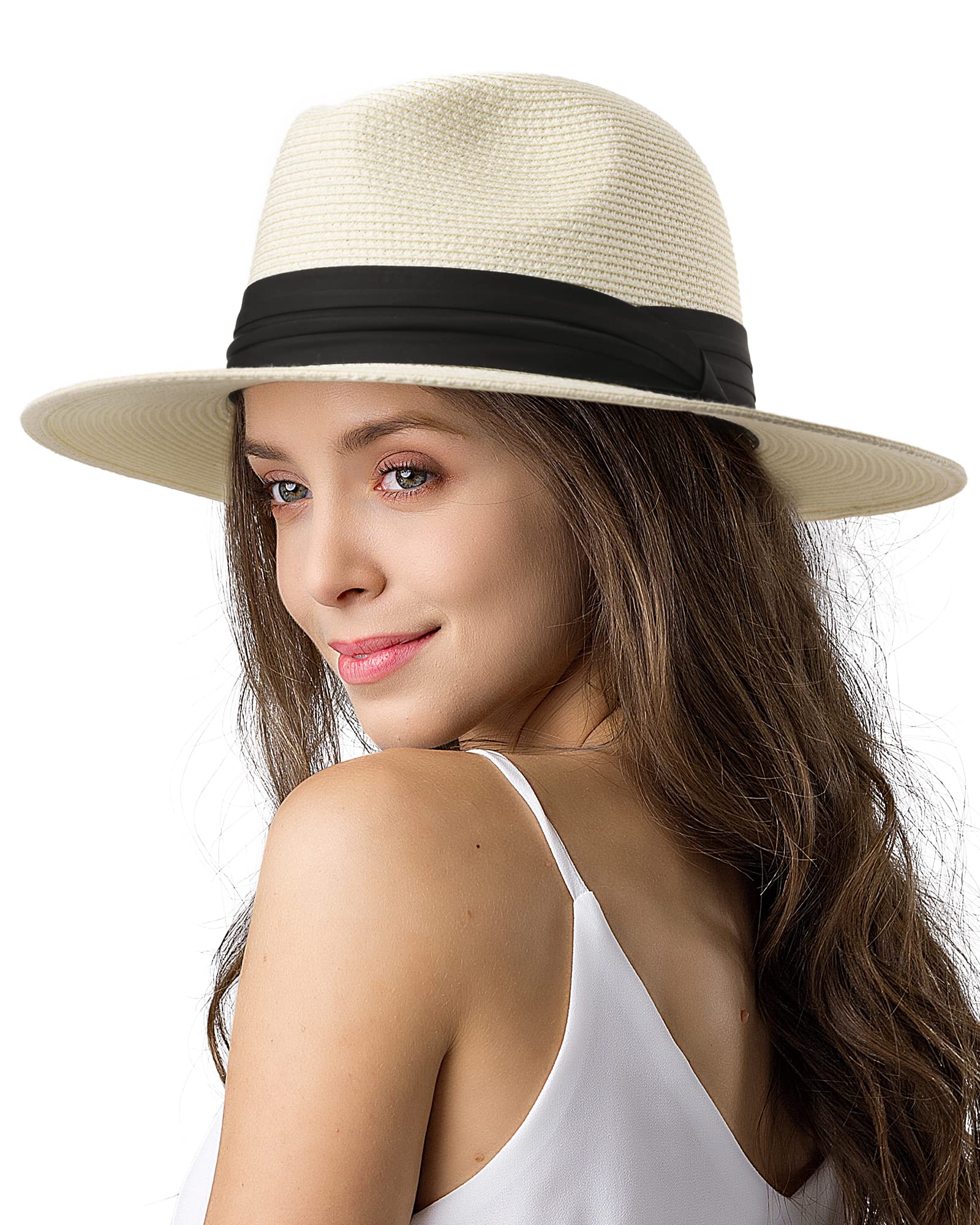 FURTALK Womens Mens Wide Brim Straw Panama Hat Fedora Summer Beach Sun Hat | Breathable Paper Straw, Classic Ribbon Trim, UPF Protection, Adjustable Band Inside, Chin Strap for Gusty Winds