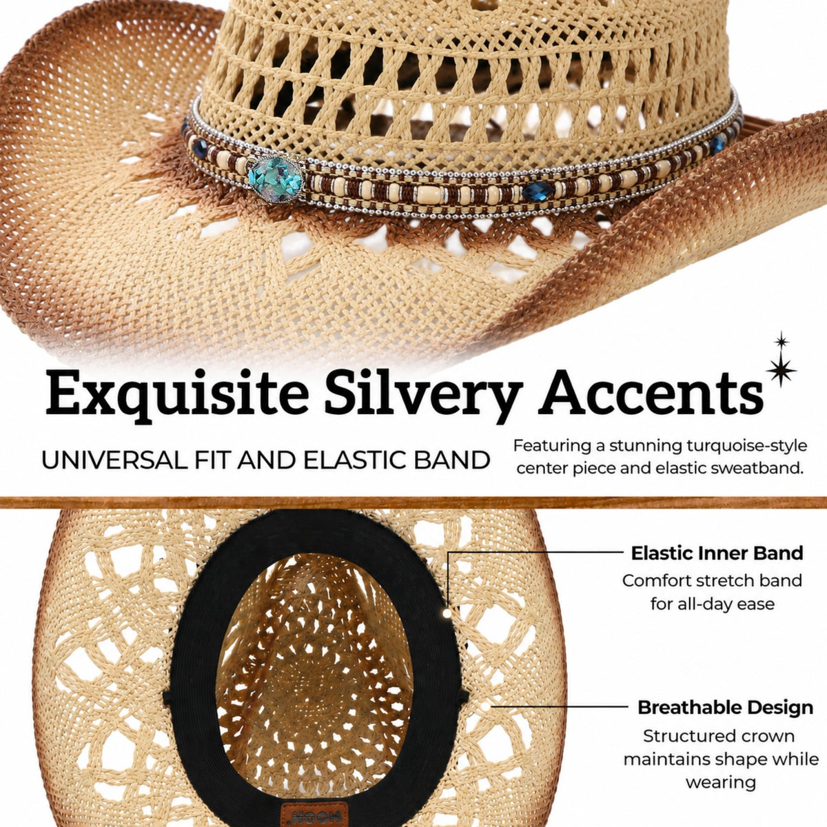 WOOH Cowboy Hats for Women and Men, Straw Cowgirl Hat with Wide Brim, Shapeable Brim and Adjustable Chin Strap for Rodeo