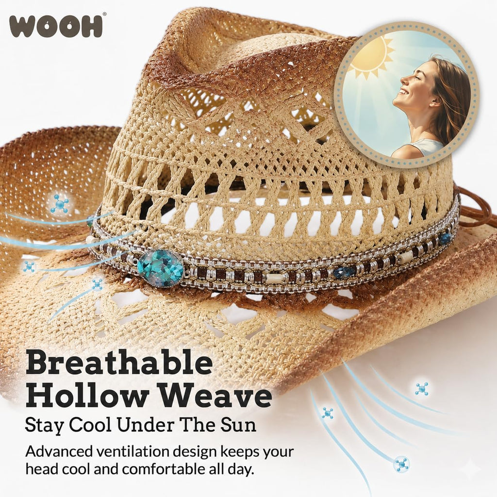 WOOH Cowboy Hats for Women and Men, Straw Cowgirl Hat with Wide Brim, Shapeable Brim and Adjustable Chin Strap for Rodeo