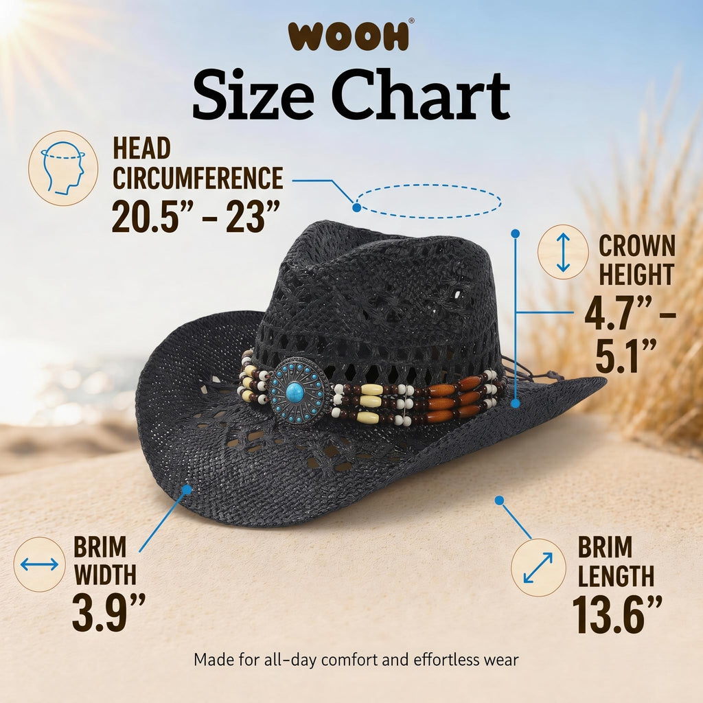 WOOH Cowboy Hats for Women and Men, Straw Cowgirl Hat with Wide Brim, Shapeable Brim and Adjustable Chin Strap for Rodeo