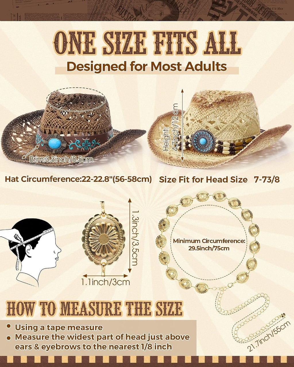 4 Pcs Women Straw Cowboy Hat Set with Shapeable Brim & Western Concho Belts Boho Beach Cowgirl Hat Accessories