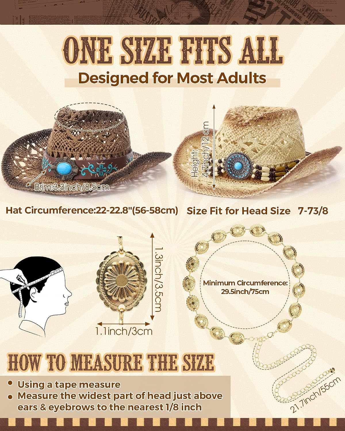 4 Pcs Women Straw Cowboy Hat Set with Shapeable Brim & Western Concho Belts Boho Beach Cowgirl Hat Accessories
