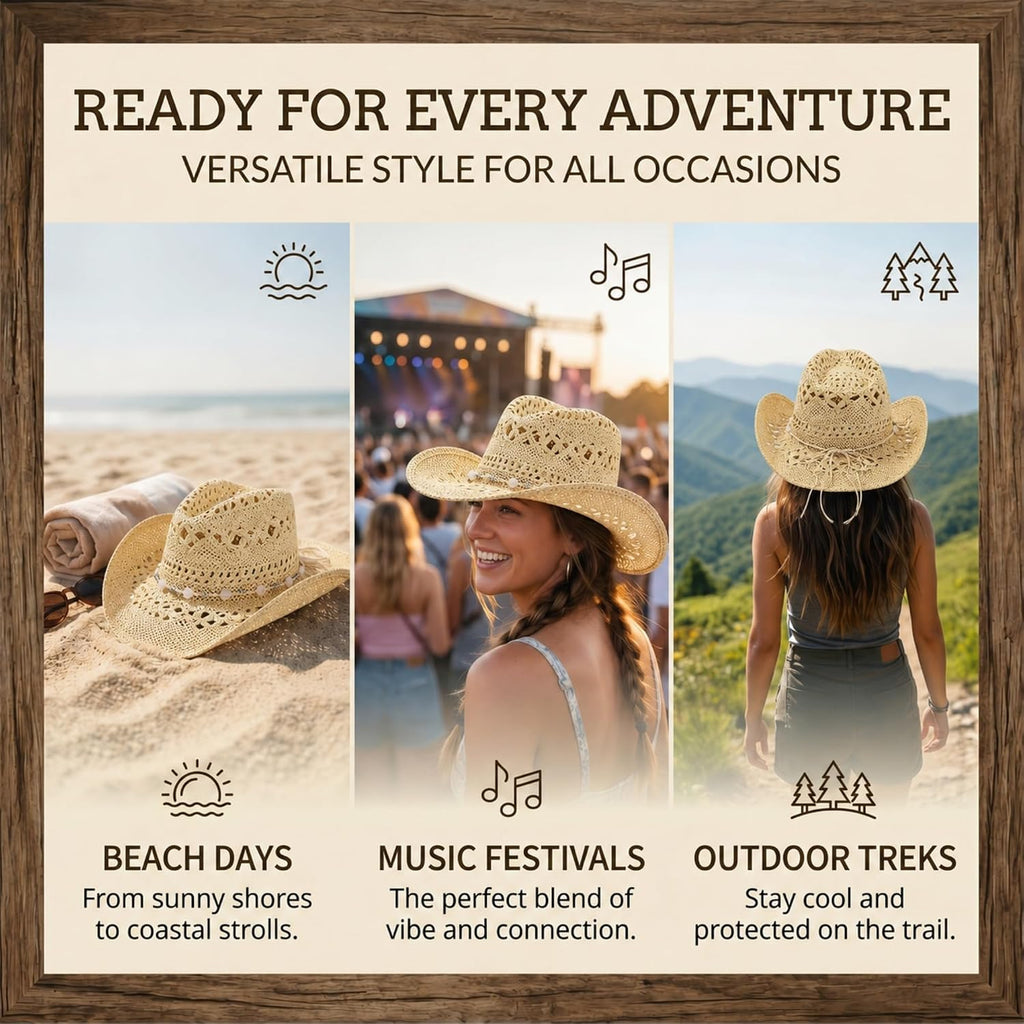 WOOH Cowboy Hats for Women and Men, Straw Cowgirl Hat with Wide Brim, Shapeable Brim and Adjustable Chin Strap for Rodeo