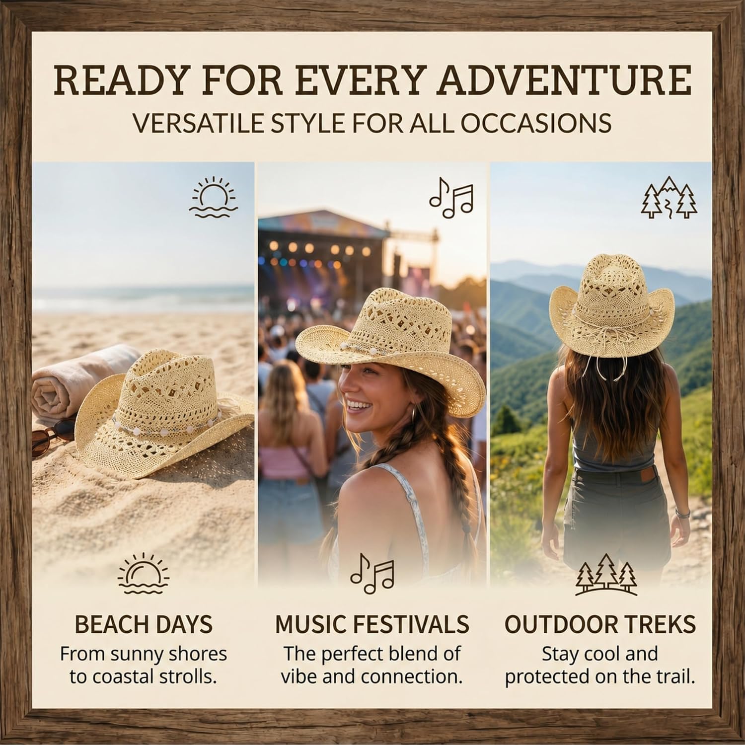 WOOH Cowboy Hats for Women and Men, Straw Cowgirl Hat with Wide Brim, Shapeable Brim and Adjustable Chin Strap for Rodeo