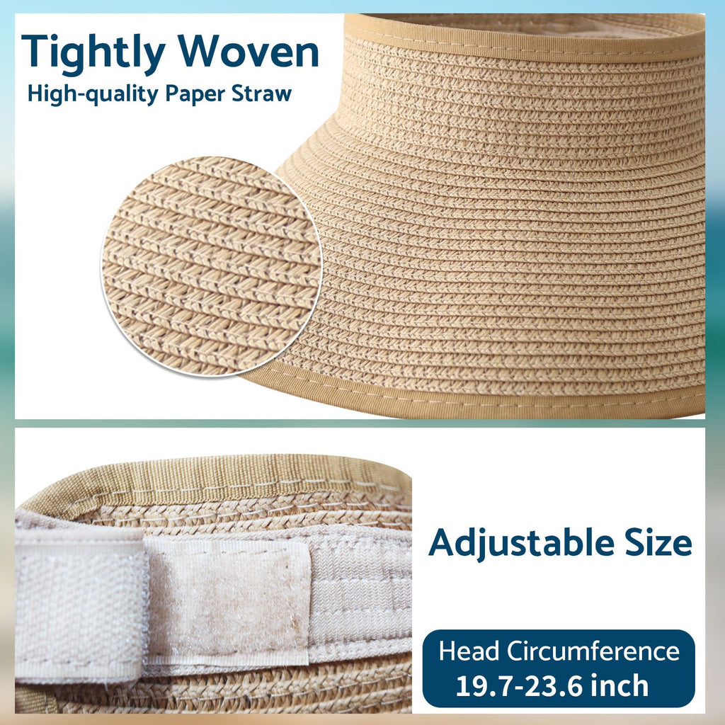 NPJY Sun Hats for Women Wide Brim Roll-Up Ponytail Packable Straw Visor | Wide Brim Hat with Open-Top Design, Packable & Foldable for Travel Beach Garden Gift
