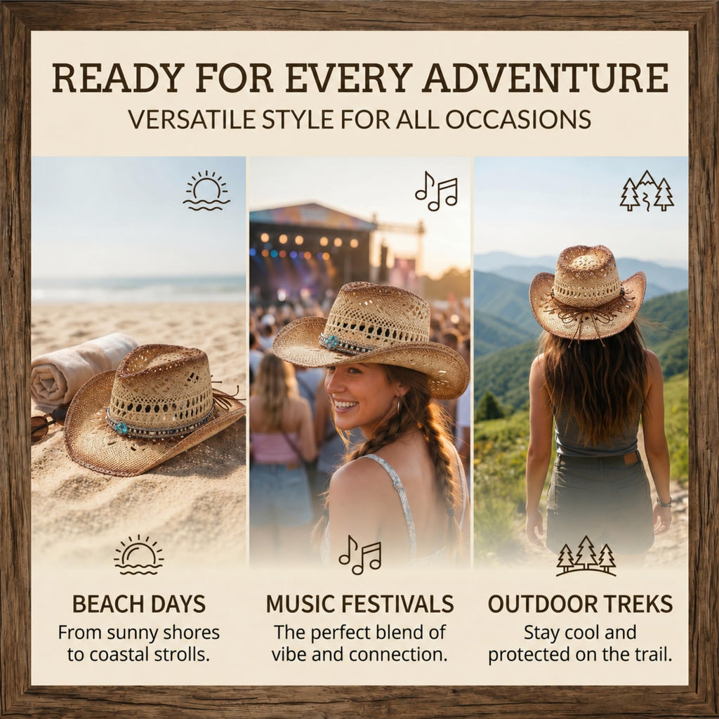 WOOH Cowboy Hats for Women and Men, Straw Cowgirl Hat with Wide Brim, Shapeable Brim and Adjustable Chin Strap for Rodeo