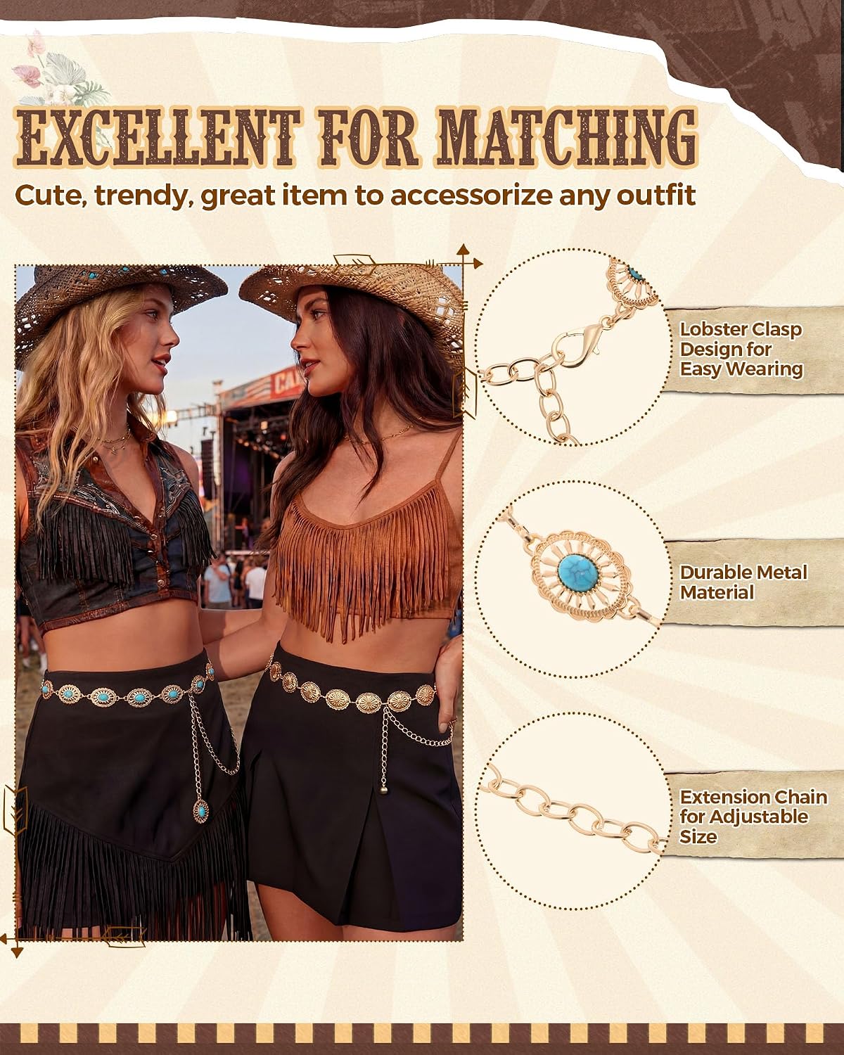4 Pcs Women Straw Cowboy Hat Set with Shapeable Brim & Western Concho Belts Boho Beach Cowgirl Hat Accessories