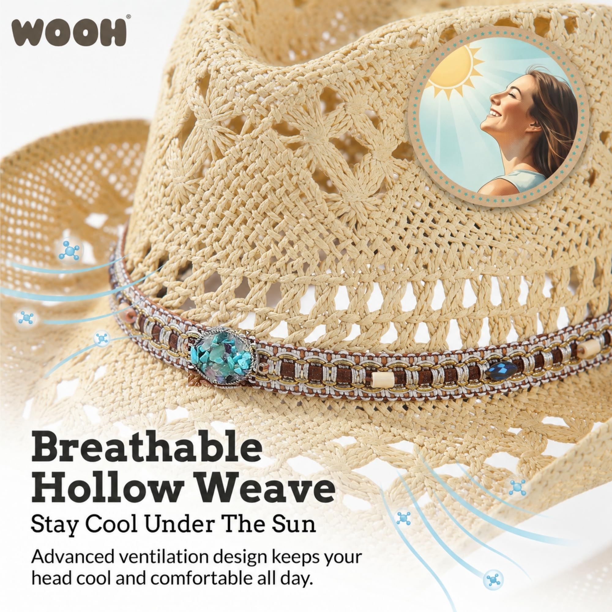 WOOH Cowboy Hats for Women and Men, Straw Cowgirl Hat with Wide Brim, Shapeable Brim and Adjustable Chin Strap for Rodeo