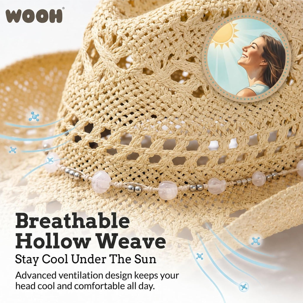 WOOH Cowboy Hats for Women and Men, Straw Cowgirl Hat with Wide Brim, Shapeable Brim and Adjustable Chin Strap for Rodeo