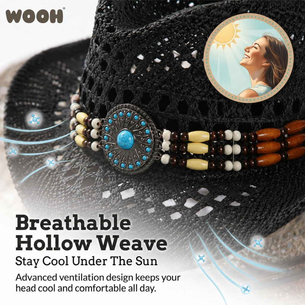 WOOH Cowboy Hats for Women and Men, Straw Cowgirl Hat with Wide Brim, Shapeable Brim and Adjustable Chin Strap for Rodeo