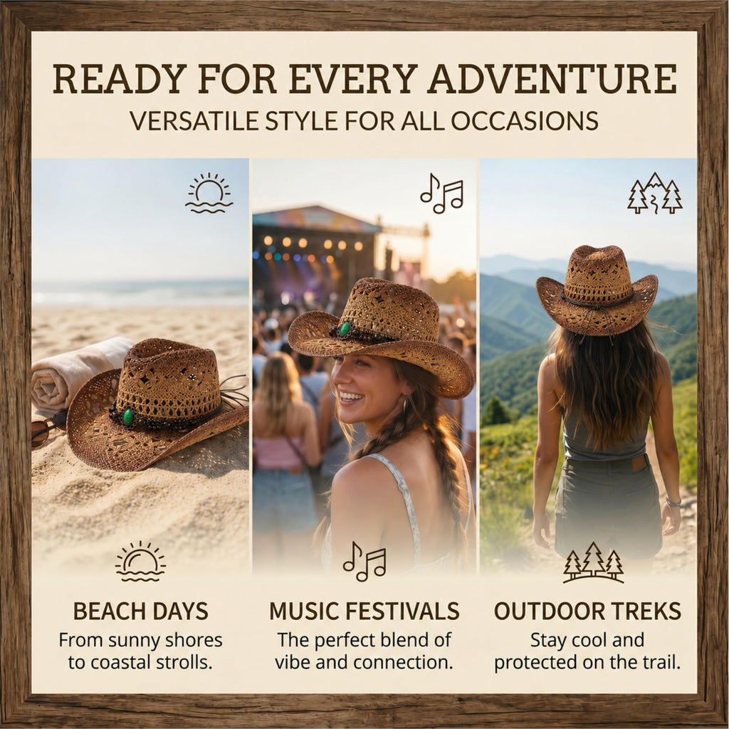WOOH Cowboy Hats for Women and Men, Straw Cowgirl Hat with Wide Brim, Shapeable Brim and Adjustable Chin Strap for Rodeo