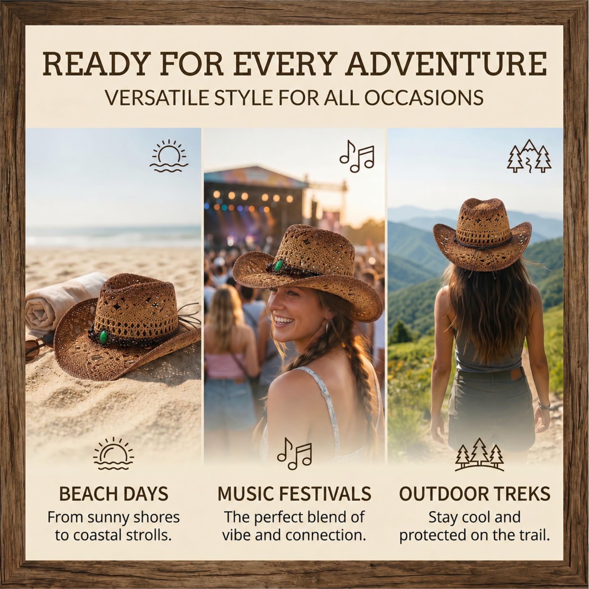 WOOH Cowboy Hats for Women and Men, Straw Cowgirl Hat with Wide Brim, Shapeable Brim and Adjustable Chin Strap for Rodeo