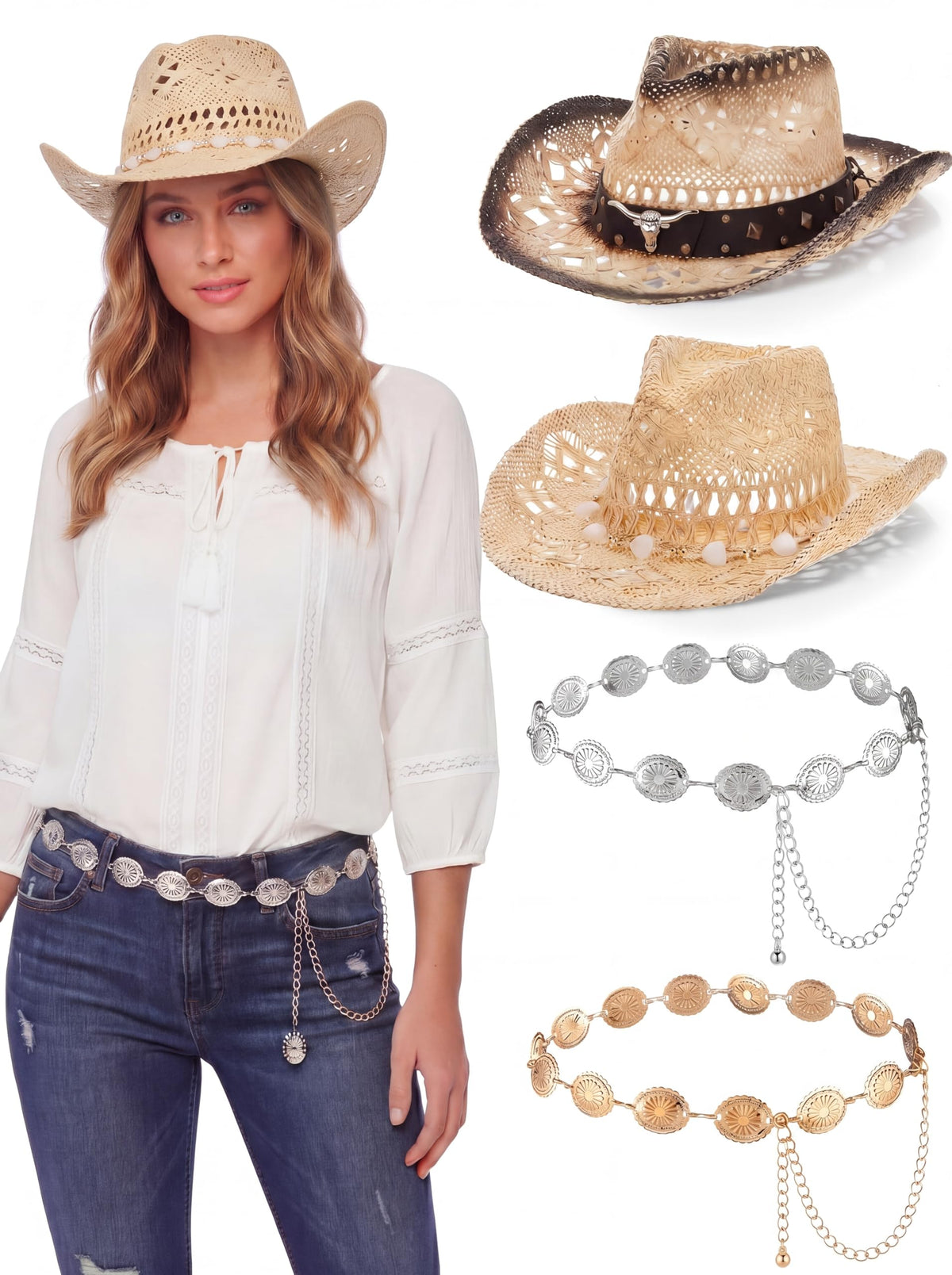 4 Pcs Women Straw Cowboy Hat Set with Shapeable Brim & Western Concho Belts Boho Beach Cowgirl Hat Accessories