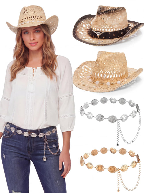 4 Pcs Women Straw Cowboy Hat Set with Shapeable Brim & Western Concho Belts Boho Beach Cowgirl Hat Accessories