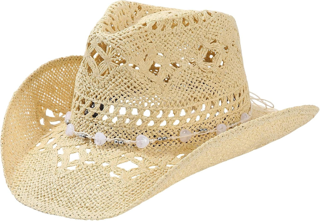 WOOH Cowboy Hats for Women and Men, Straw Cowgirl Hat with Wide Brim, Shapeable Brim and Adjustable Chin Strap for Rodeo