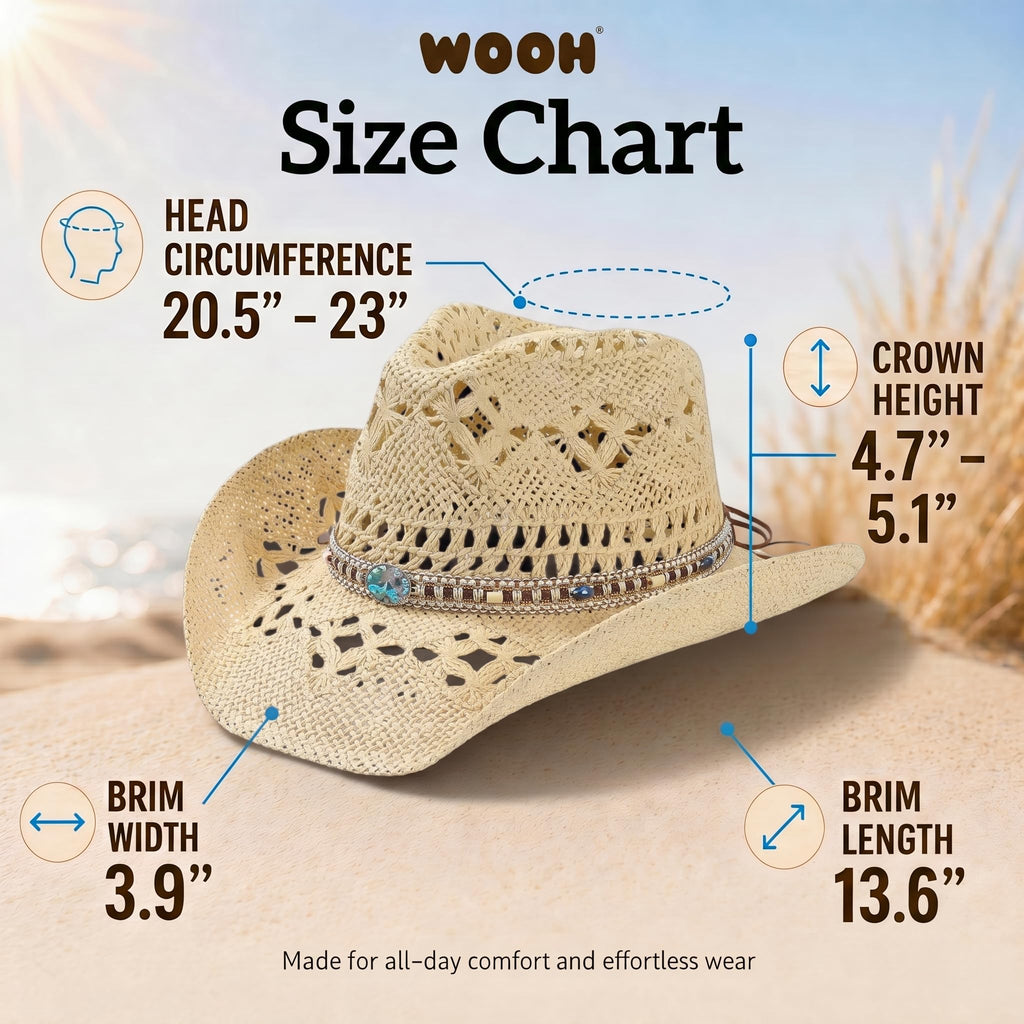 WOOH Cowboy Hats for Women and Men, Straw Cowgirl Hat with Wide Brim, Shapeable Brim and Adjustable Chin Strap for Rodeo