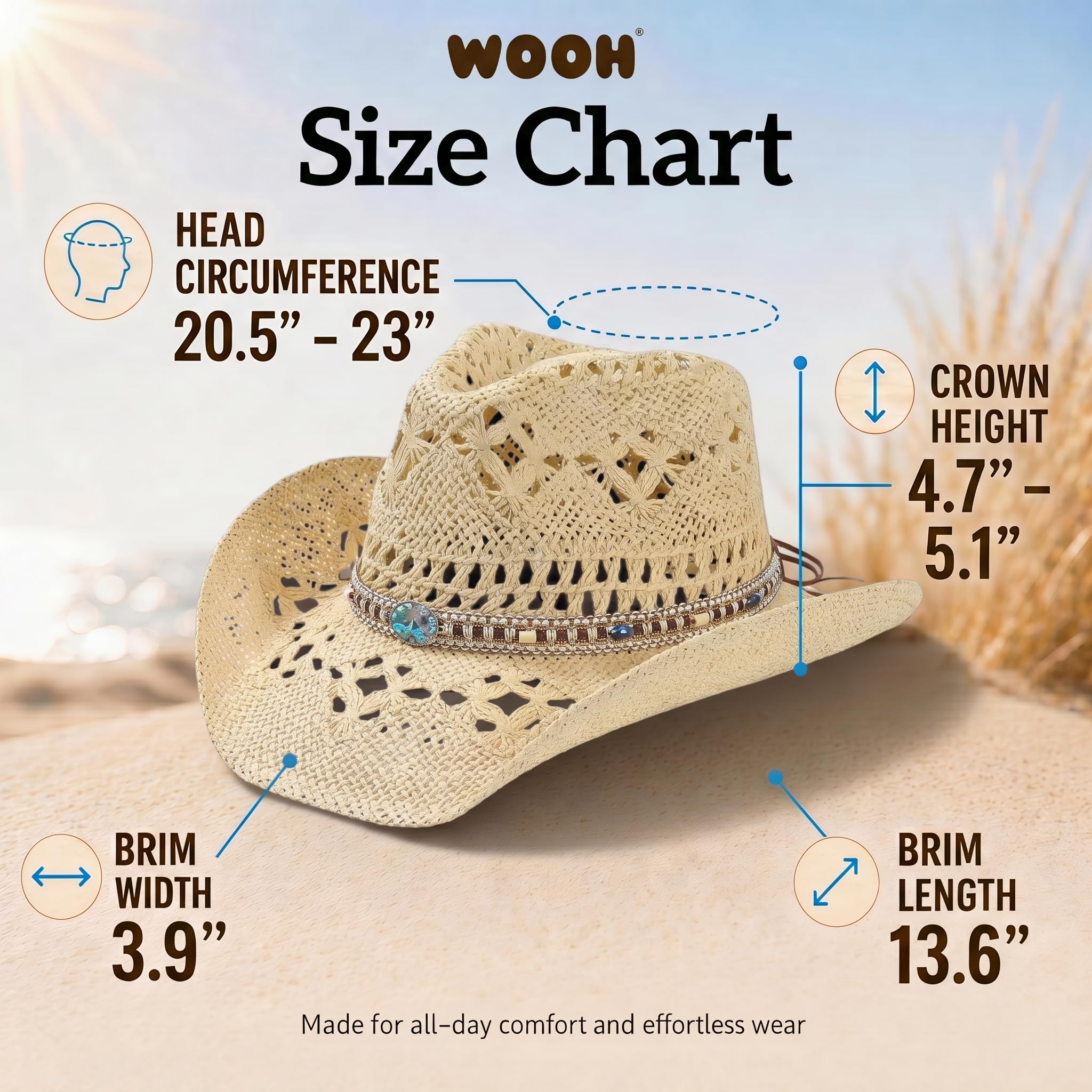 WOOH Cowboy Hats for Women and Men, Straw Cowgirl Hat with Wide Brim, Shapeable Brim and Adjustable Chin Strap for Rodeo