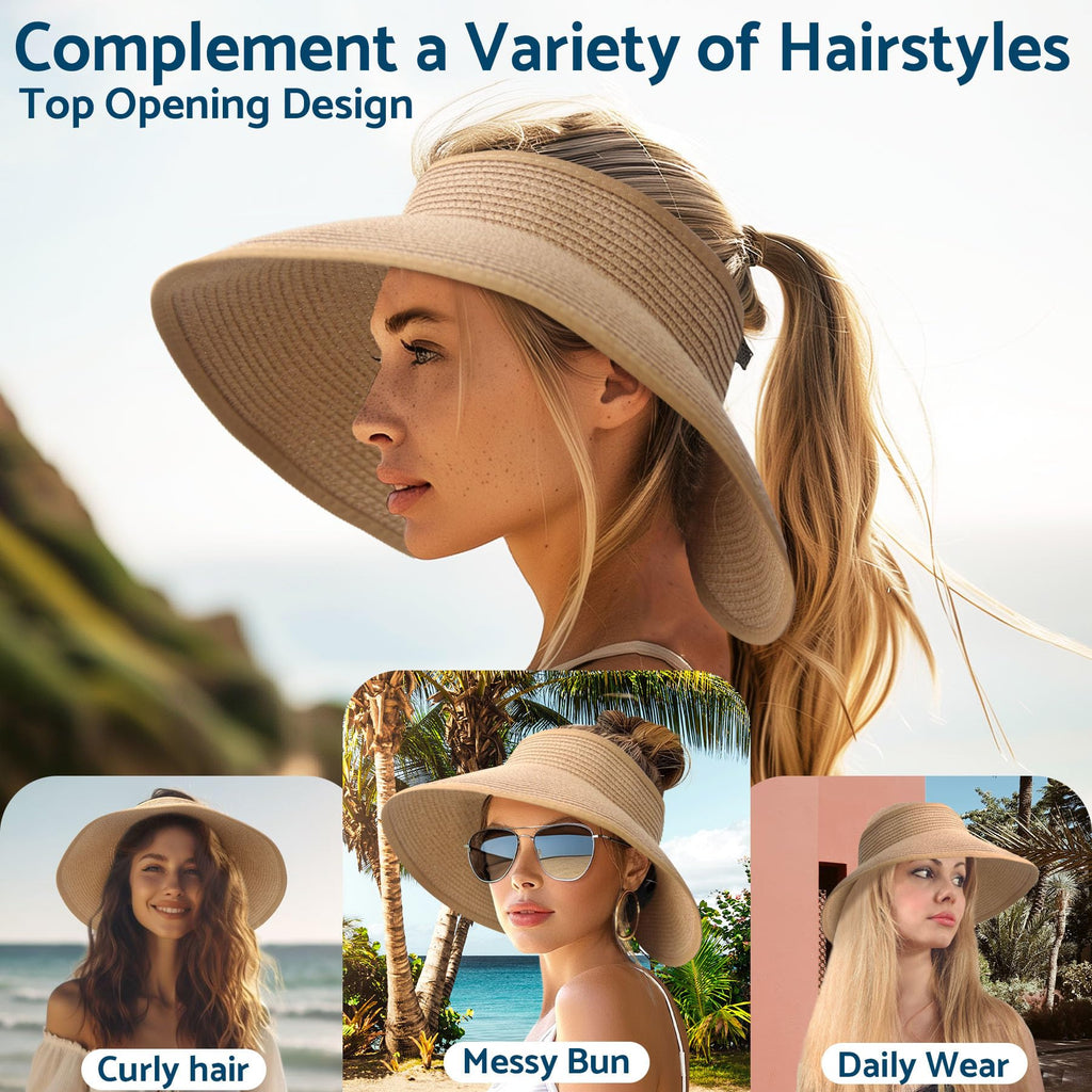NPJY Sun Hats for Women Wide Brim Roll-Up Ponytail Packable Straw Visor | Wide Brim Hat with Open-Top Design, Packable & Foldable for Travel Beach Garden Gift