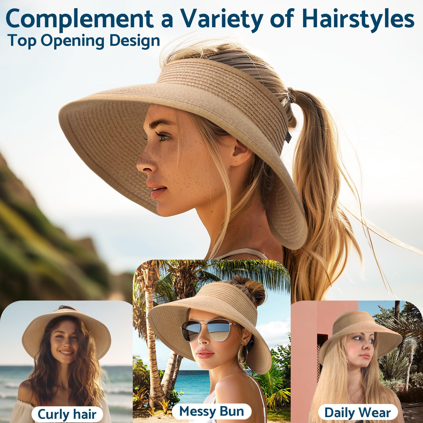 NPJY Sun Hats for Women Wide Brim Roll-Up Ponytail Packable Straw Visor | Wide Brim Hat with Open-Top Design, Packable & Foldable for Travel Beach Garden Gift