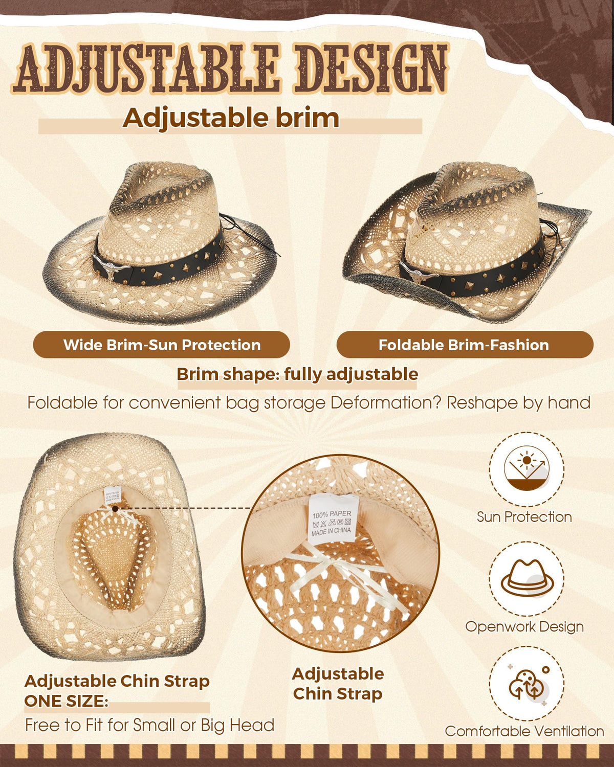 4 Pcs Women Straw Cowboy Hat Set with Shapeable Brim & Western Concho Belts Boho Beach Cowgirl Hat Accessories