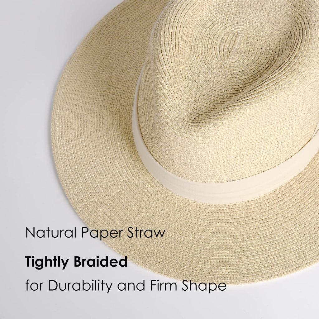 FURTALK Womens Mens Wide Brim Straw Panama Hat Fedora Summer Beach Sun Hat | Breathable Paper Straw, Classic Ribbon Trim, UPF Protection, Adjustable Band Inside, Chin Strap for Gusty Winds