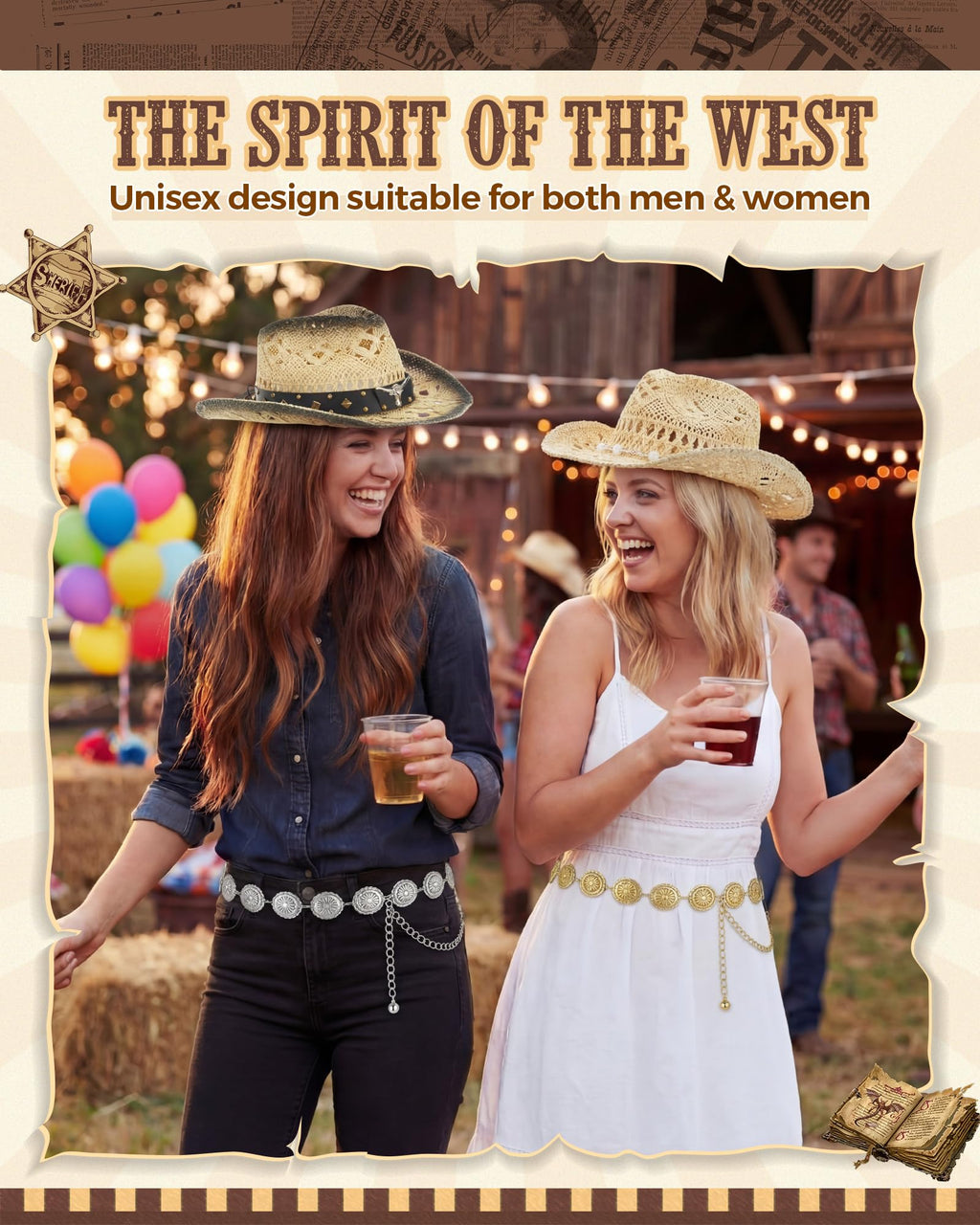 4 Pcs Women Straw Cowboy Hat Set with Shapeable Brim & Western Concho Belts Boho Beach Cowgirl Hat Accessories
